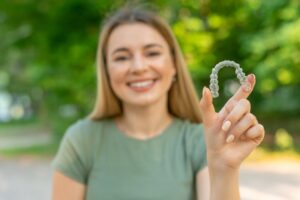 Woman smiling and holding up her clear aligner
